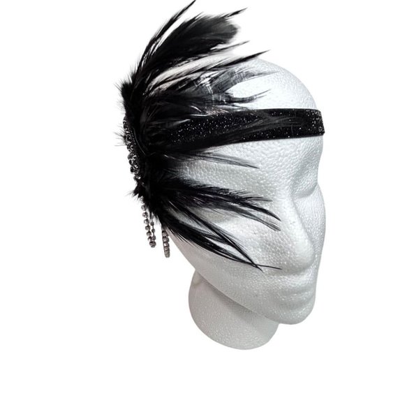 Unbranded Accessories - Flappers Style Black Rhinestone Feathered Headband Art Deco Style One Size Adult